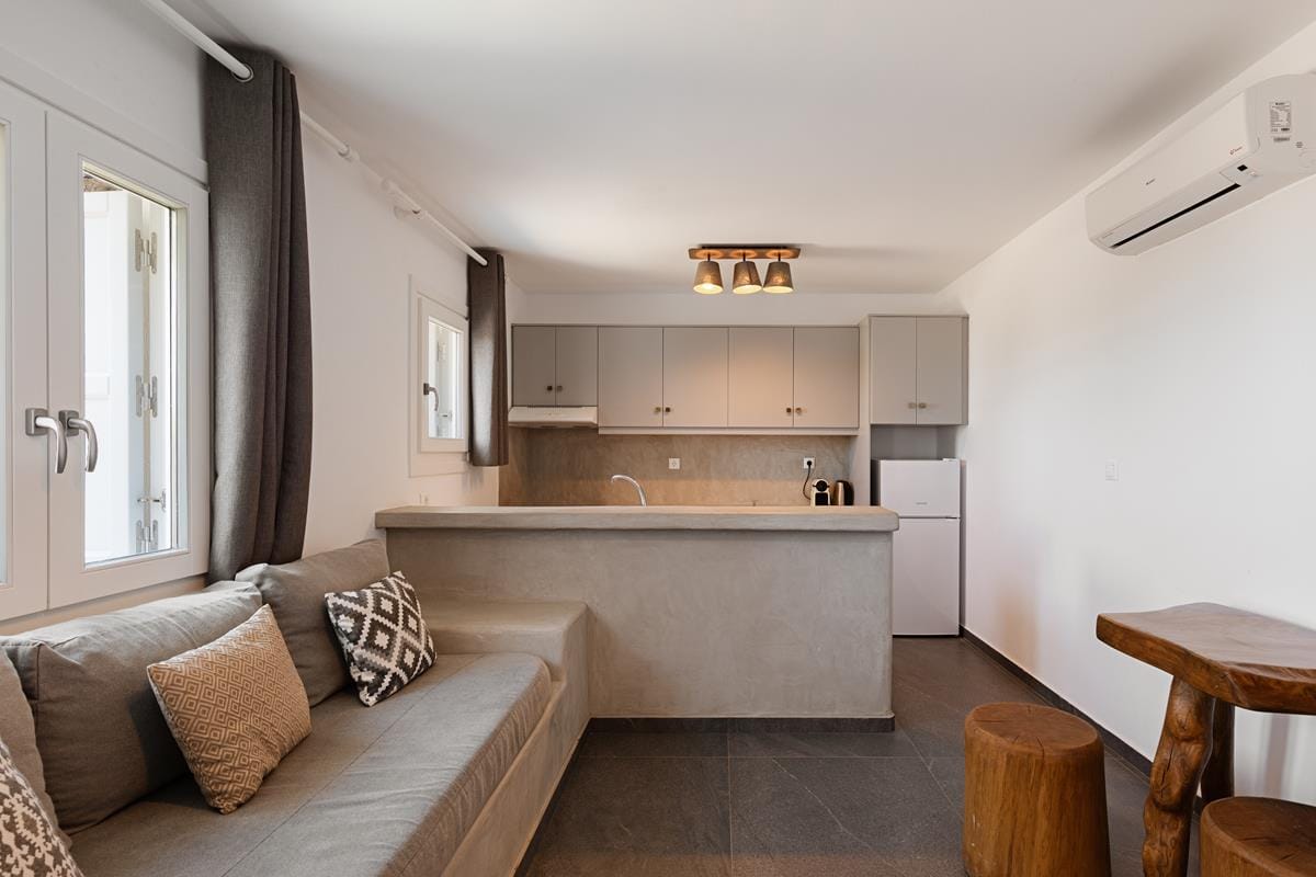 a living room with a couch and a table