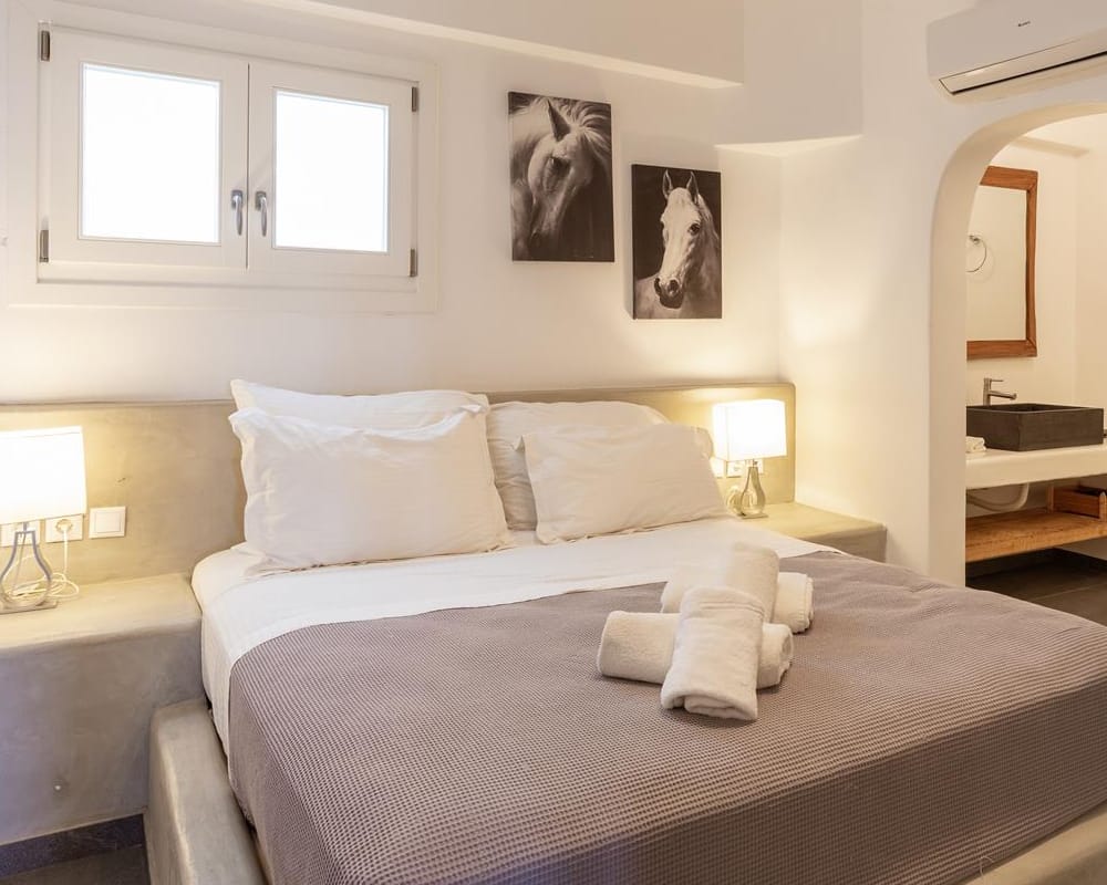 a bedroom with a bed and a mirror