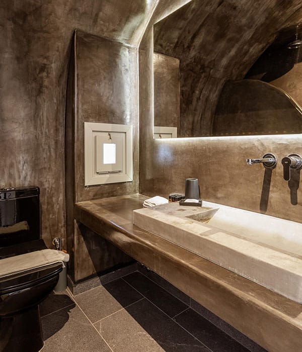 a bathroom with a large mirror