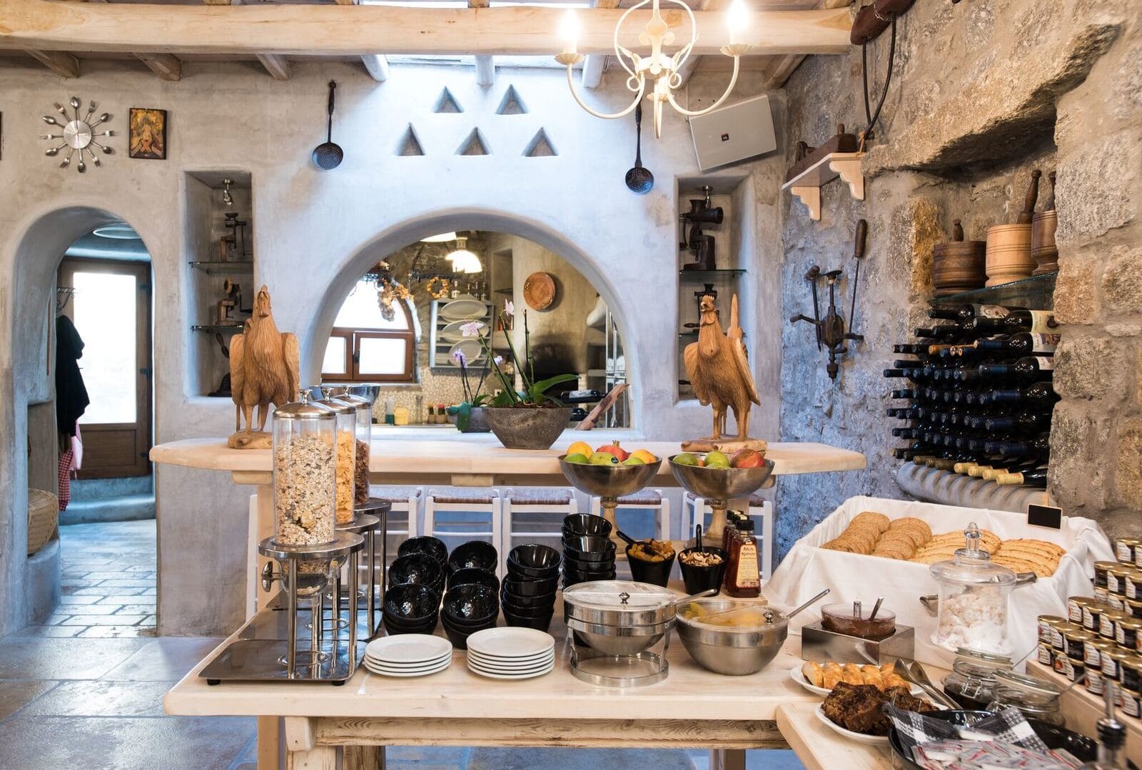 a room with a table and food