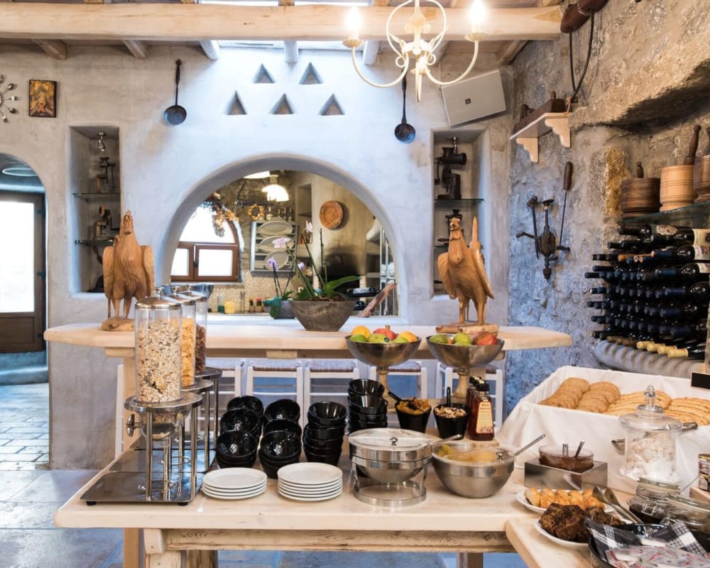 a room with a table and food