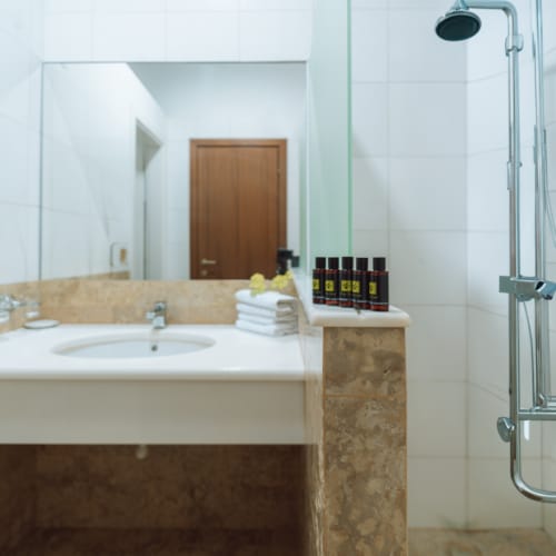 a bathroom with a glass shower