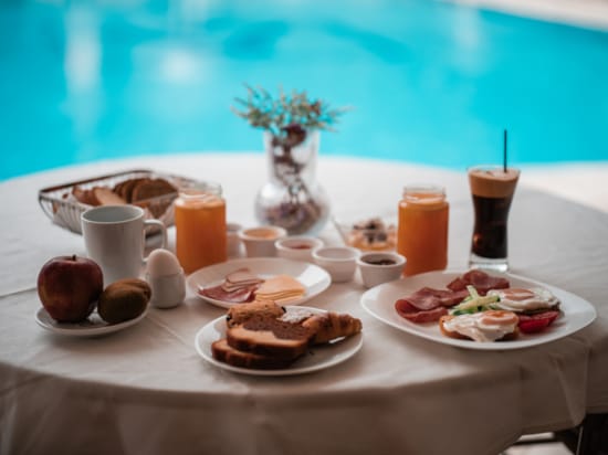 a table with food and drinks on it
