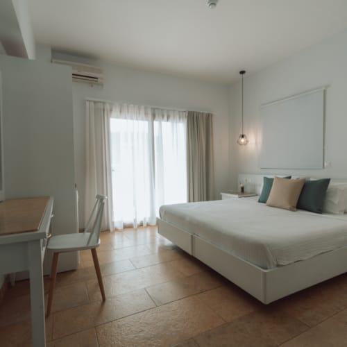 a bedroom with a bed and a desk