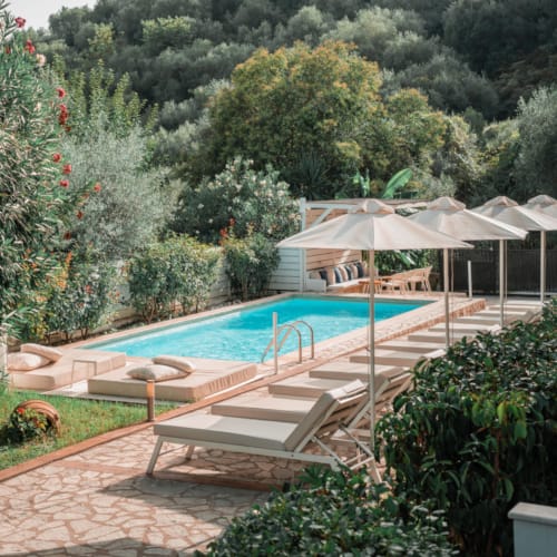 a swimming pool surrounded by trees