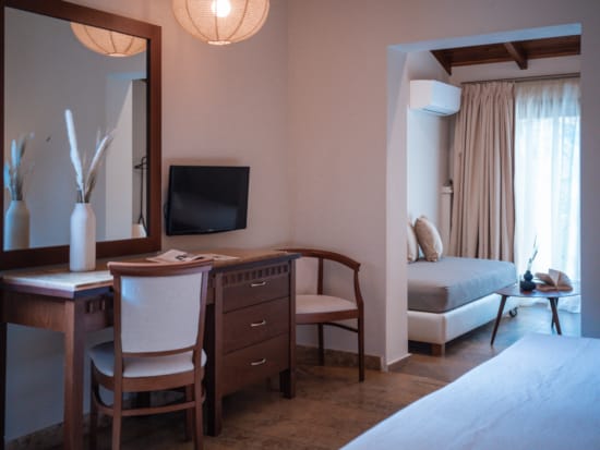 a bedroom with a desk and a bed