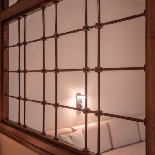 a bathroom with a glass shower