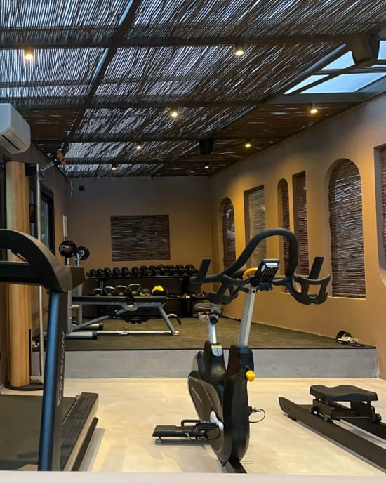a gym with weights