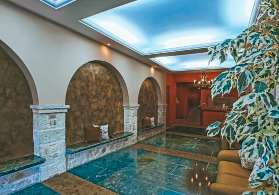 a room with a fireplace and a pool