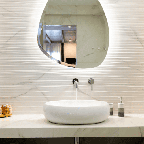 a bathroom with a round mirror
