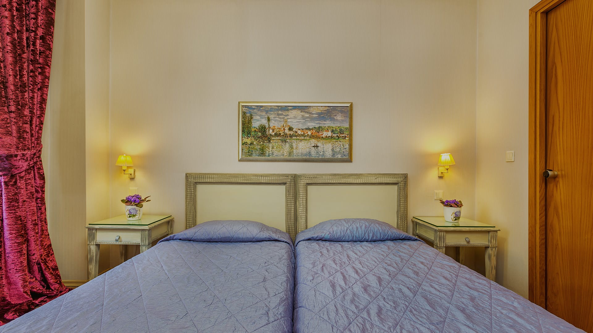 a bedroom with two beds