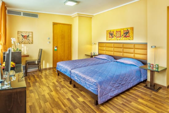a bedroom with a bed and a desk