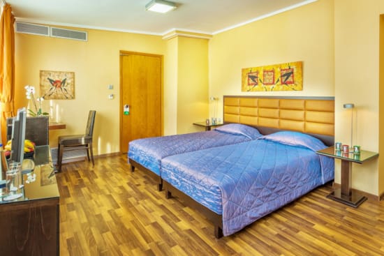 a bedroom with a bed and a desk