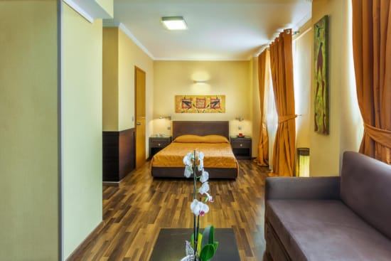a bedroom with a bed and couches
