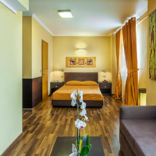 a bedroom with a bed and couches