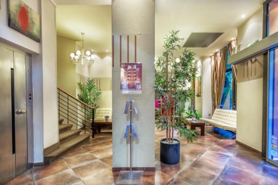 a hallway with a plant and a camera on the floor