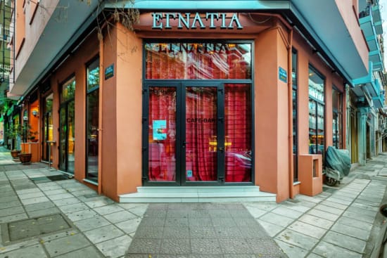 a building with a red door