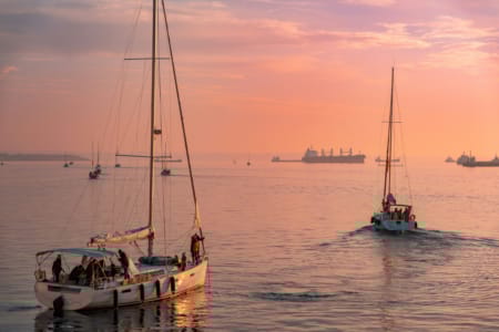 a group of boats in the water