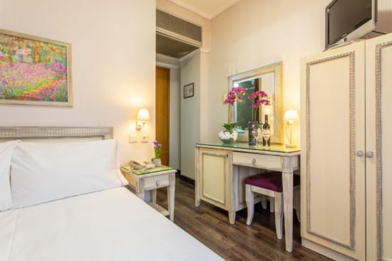 a room with a bed and a table