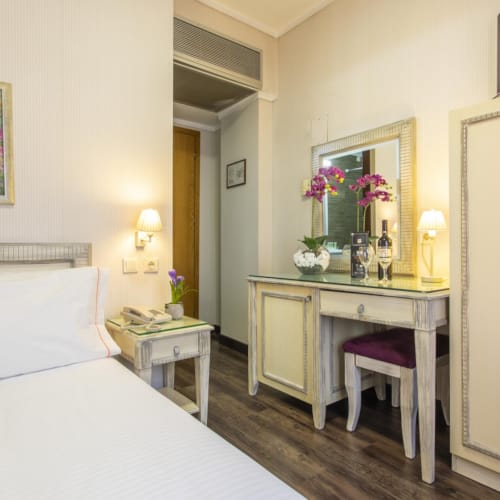 a room with a bed and a table