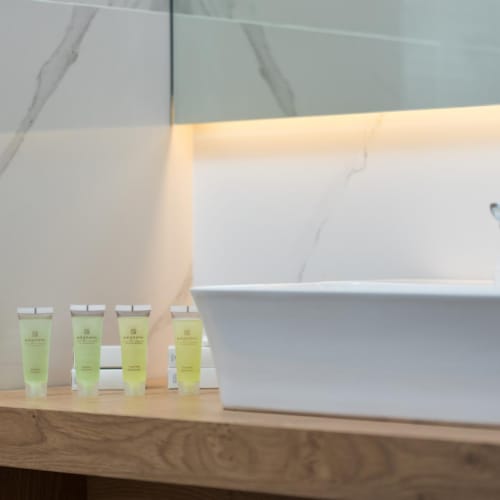 a row of cups on a counter