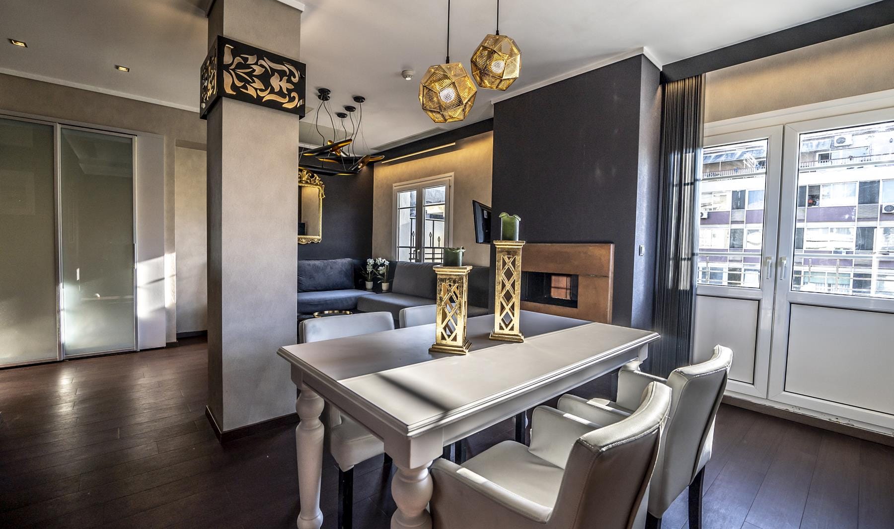 a room with a table and chairs