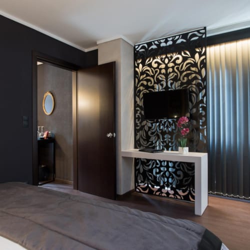 a room with a bed and a table