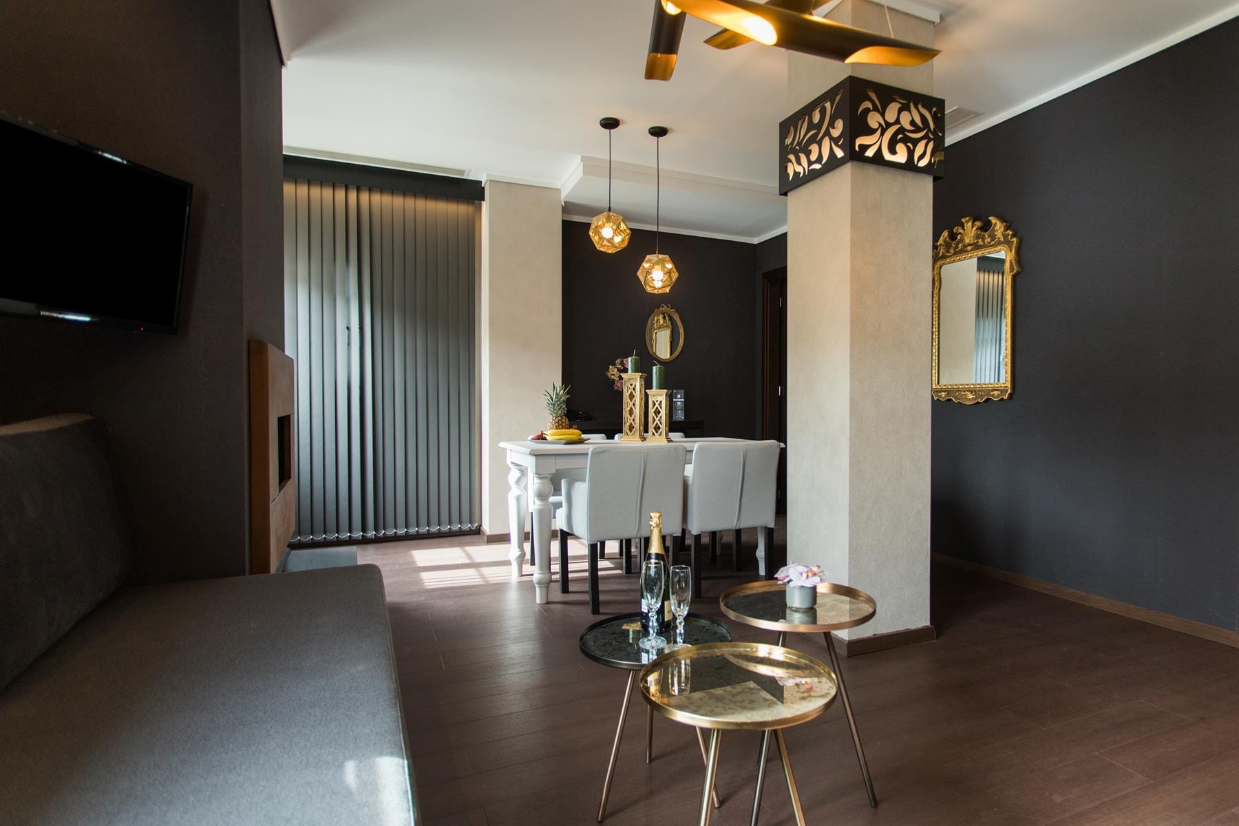 a room with tables and chairs