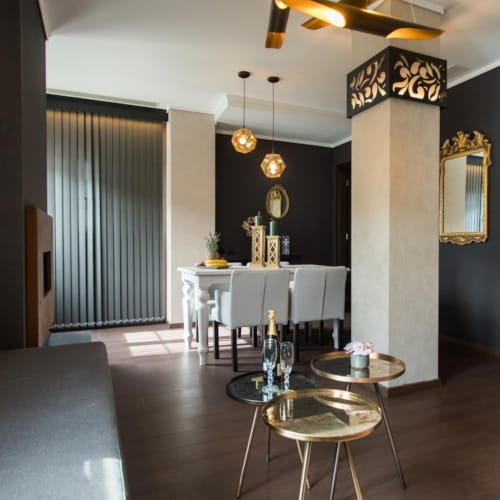 a room with tables and chairs