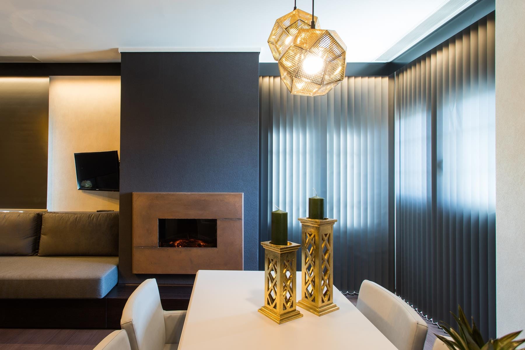 a living room with a fireplace