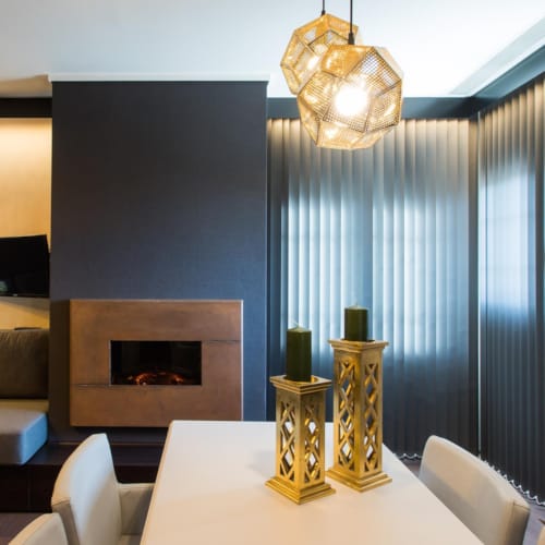 a living room with a fireplace