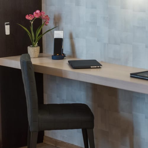 a desk with a chair and a plant on it