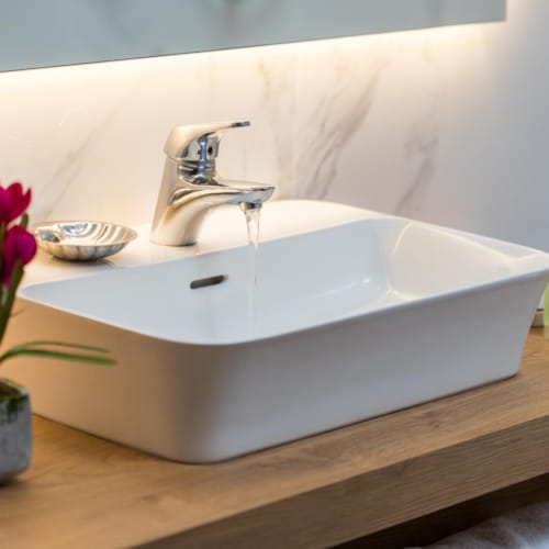 a sink with a flower in it