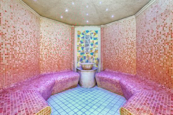 a room with colorful walls