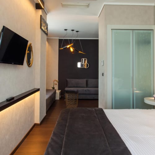 a bedroom with a bed and a tv