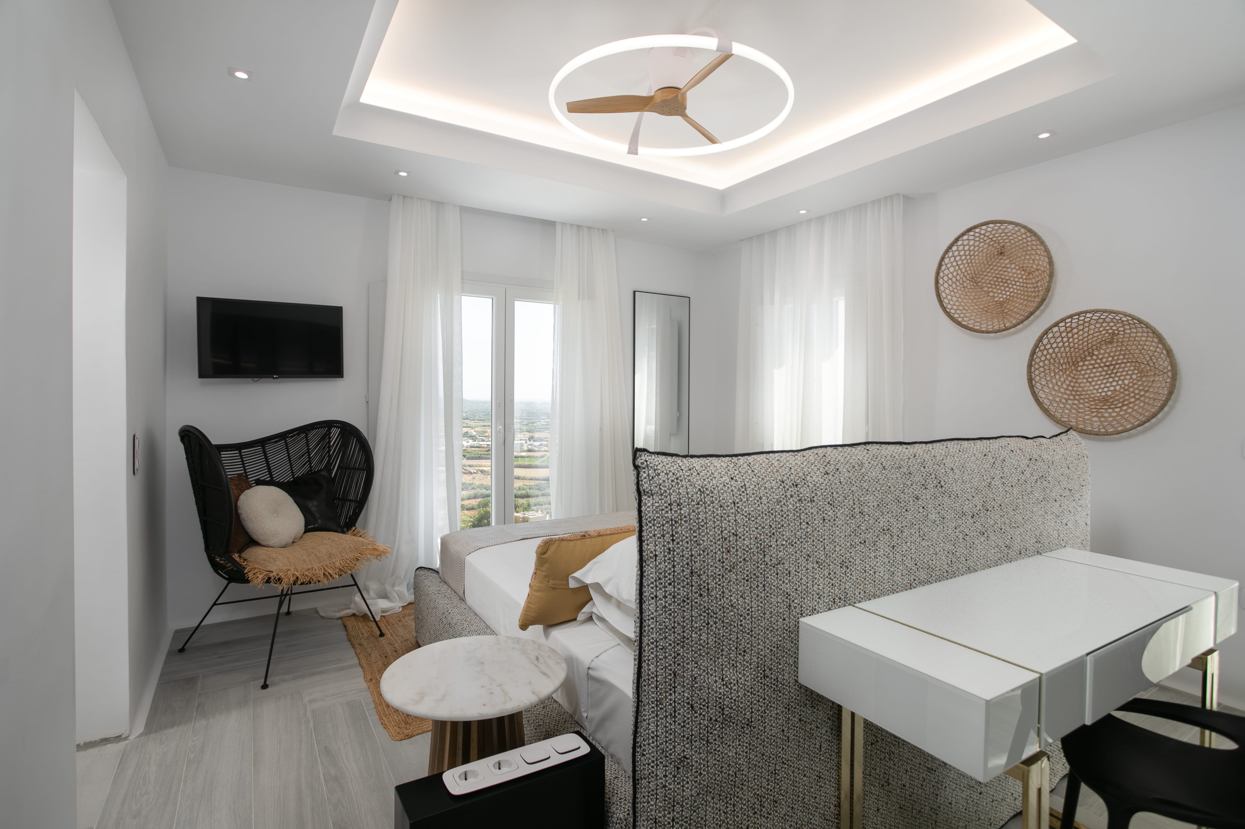 a room with a bed and a table