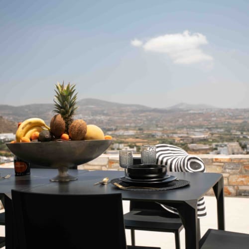 a table with a bowl of fruit on it with mountains in the background
