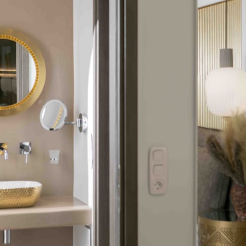 a bathroom with a mirror and a plant