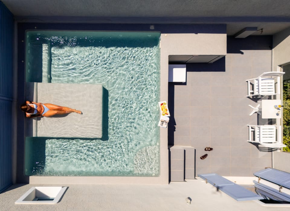 a person in a garment on a pool