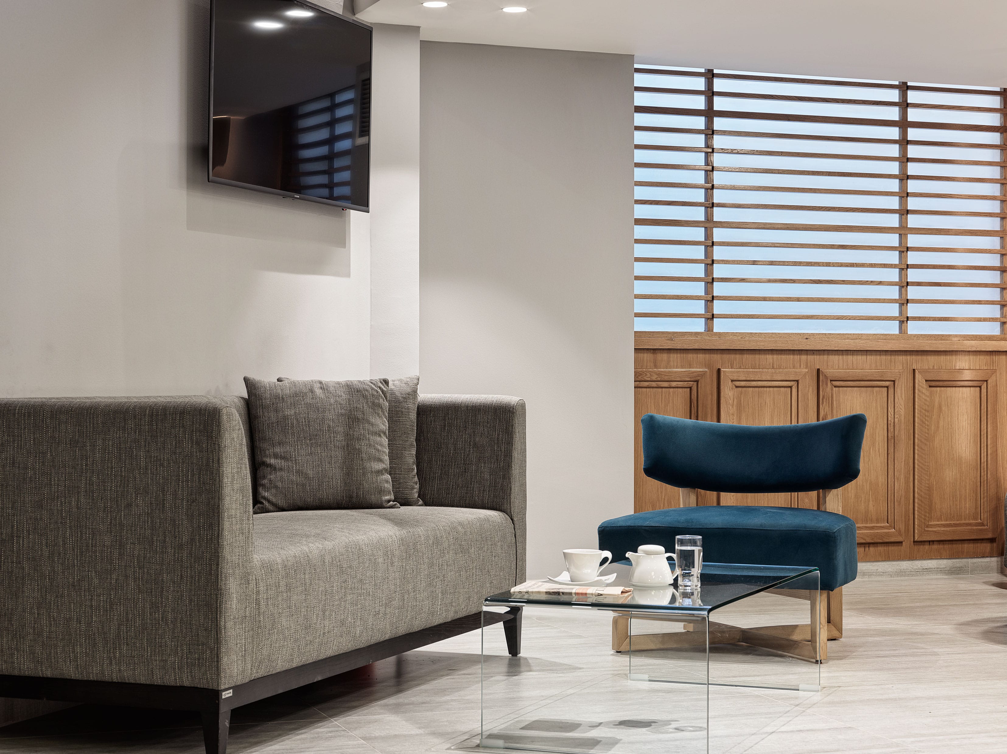 a living room with a couch and a table