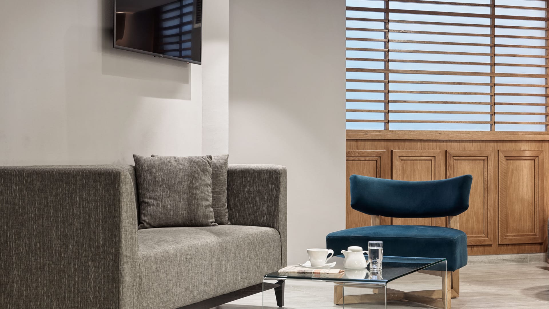 a living room with a couch and a table