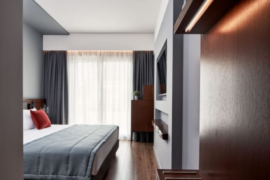 a bedroom with a bed and a television