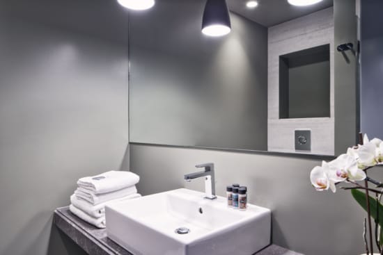 a bathroom with a large mirror