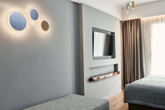 a room with a bed and a tv