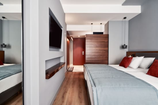 a room with a tv and bed