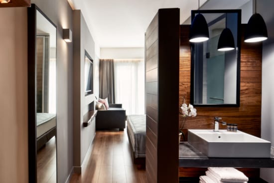 a bathroom with a large mirror