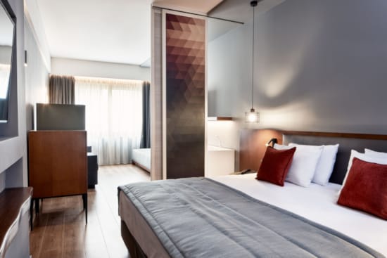 a bedroom with a bed and a television