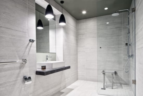 a bathroom with a glass shower