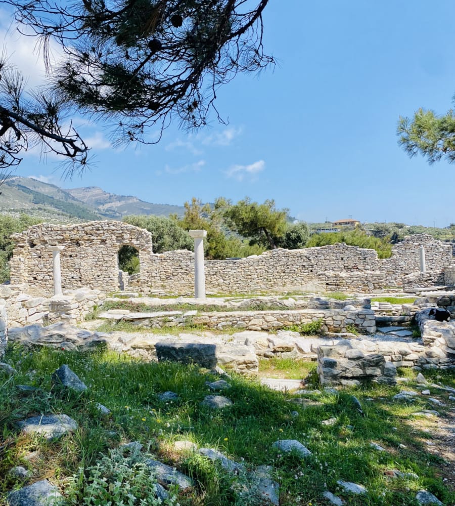 a stone wall with columns and a stone structure in the background