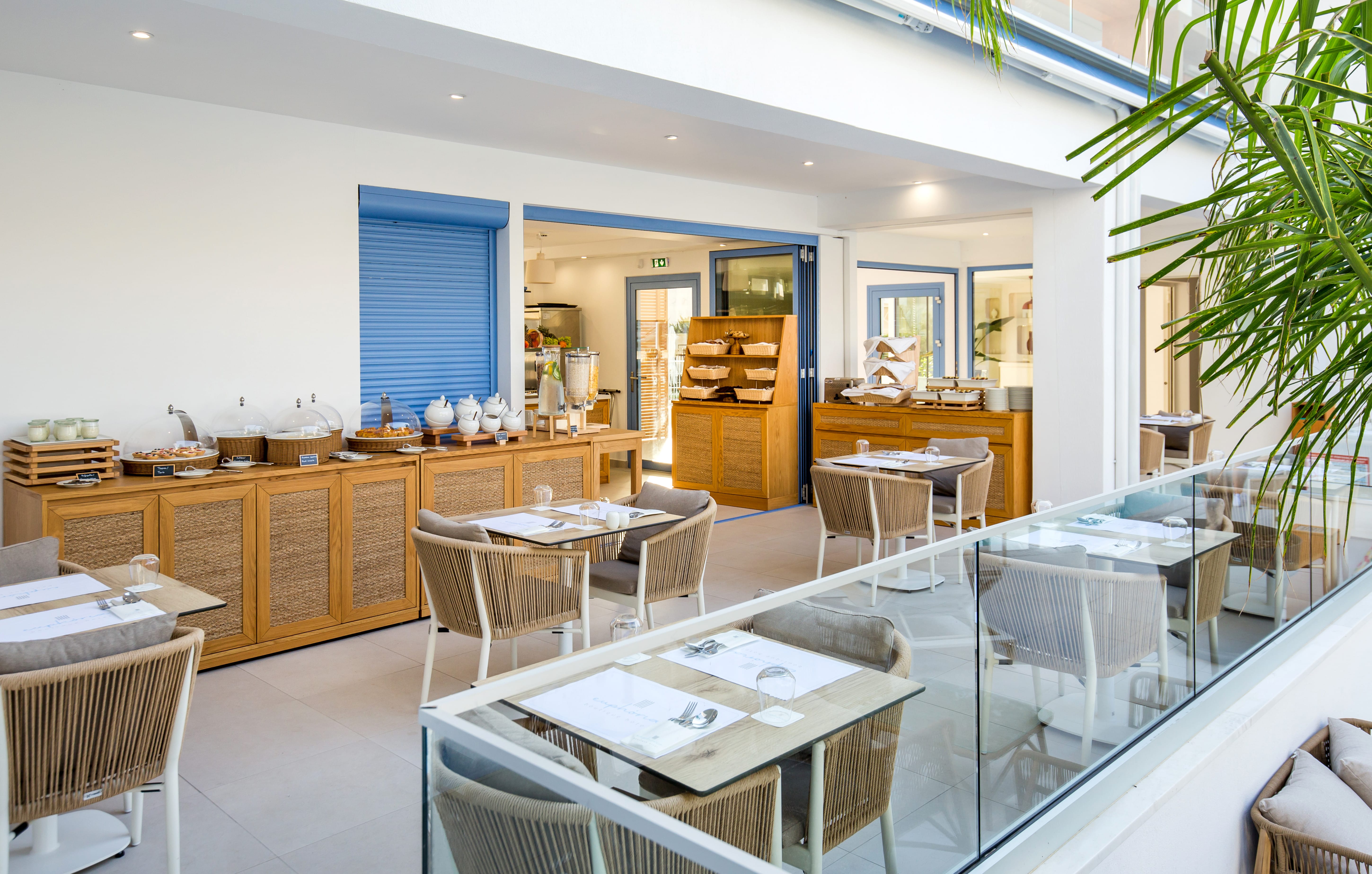 a room with tables and chairs